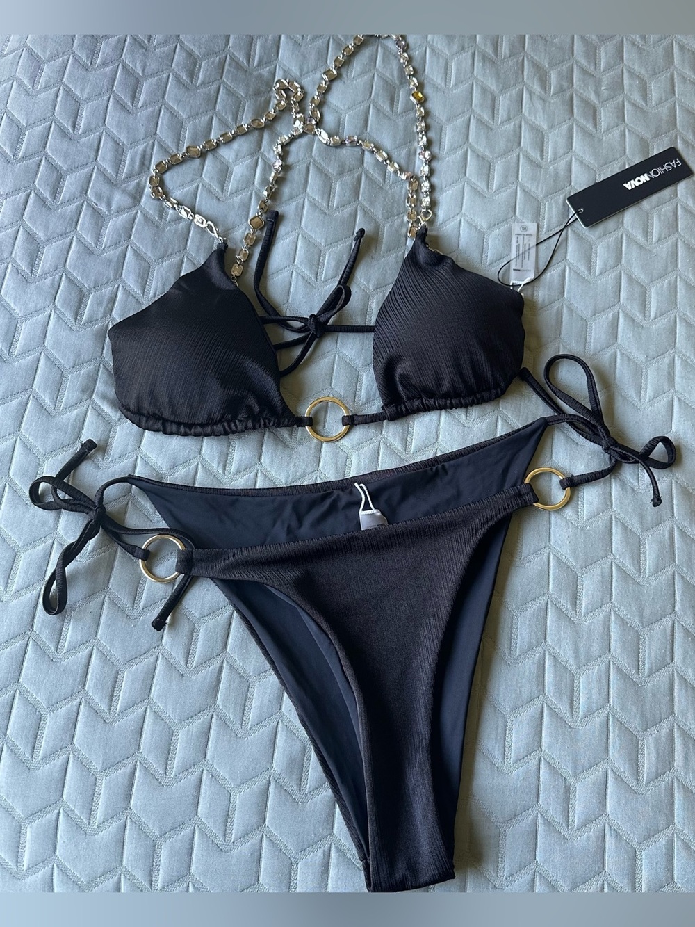 Fashion Nova Black Ribbed Ring-Accent Bikini Set